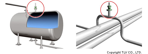 不凝縮ガスが相対的に集まるタンクの頂部や鳥居状の配管のイメージ